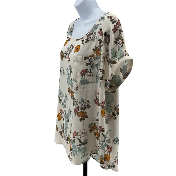 Maurices Dress Blouse WMNS L Pullover Floral Cream Short Sleeve Top Round Neck - Picture 3 of 7